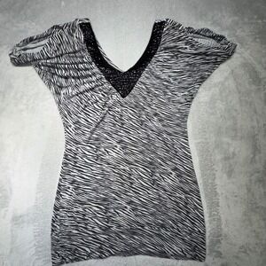 Vintage rue21 Zebra Print Sequin V-Neck Tunic Top Size M Black White 2000s Y2K